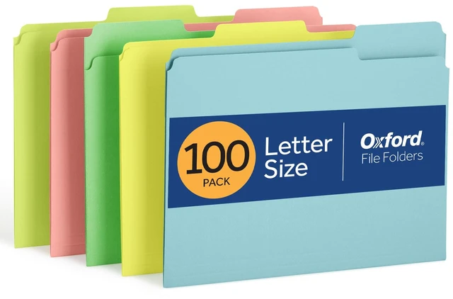 Main image of Colored File Folders, 100 Pack, Letter Size (8.5" x 11"), 3 Tabs, 5 Pastel Colors, Color-Coding for School, Office & Home Document Organization