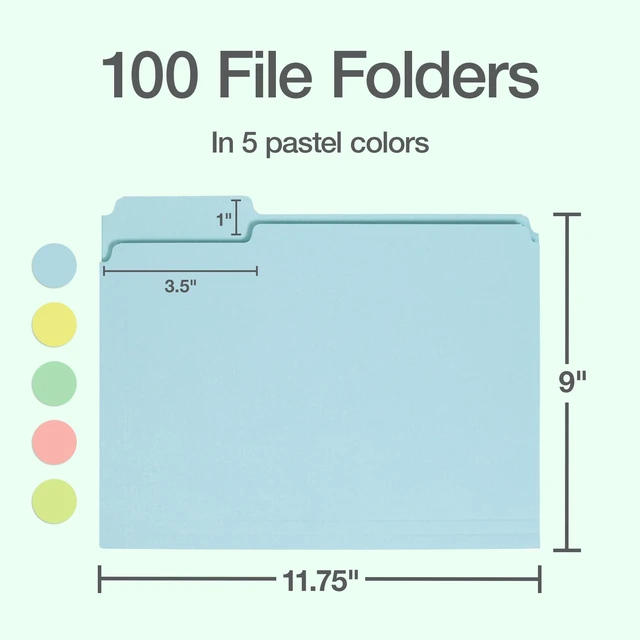 Alt view image 2 of 7 - Colored File Folders, 100 Pack, Letter Size (8.5" x 11"), 3 Tabs, 5 Pastel Colors, Color-Coding for School, Office & Home Document Organization