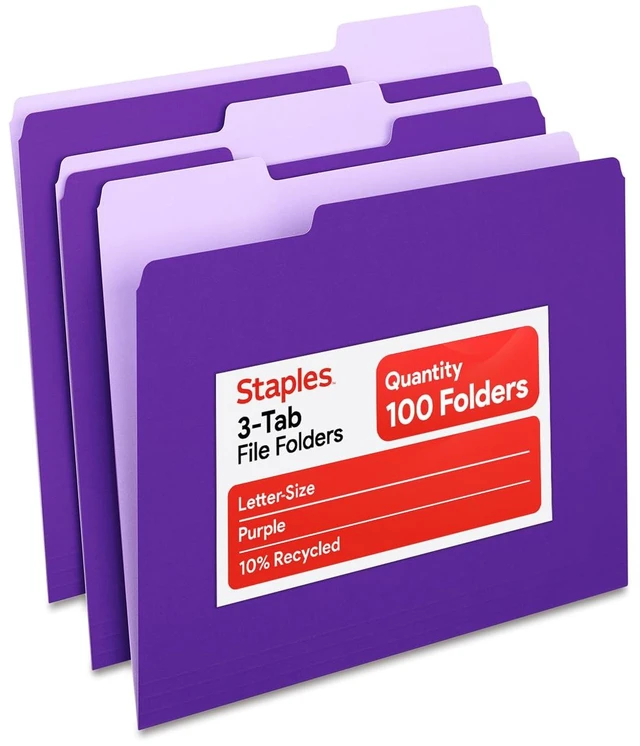 Main image of File Folders, Letter Size, 1/3-Cut Tabs, Purple, 100/Pack | Durable 10.5-point paper stock for everyday office document filing.
