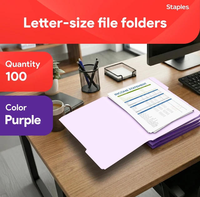 Alt view image 2 of 6 - File Folders, Letter Size, 1/3-Cut Tabs, Purple, 100/Pack | Durable 10.5-point paper stock for everyday office document filing.