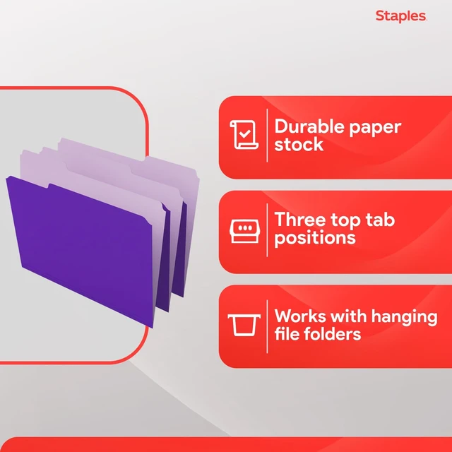 Alt view image 4 of 6 - File Folders, Letter Size, 1/3-Cut Tabs, Purple, 100/Pack | Durable 10.5-point paper stock for everyday office document filing.