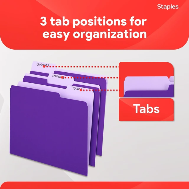 Alt view image 5 of 6 - File Folders, Letter Size, 1/3-Cut Tabs, Purple, 100/Pack | Durable 10.5-point paper stock for everyday office document filing.