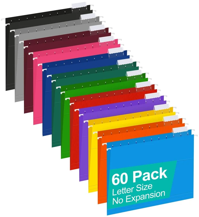 Main image of Hanging File Folders, 60 Pack Reinforced Letter Size Hanging Folders with Heavy Duty 0 Inch Expansion, Designed for Bulky Files, Medical Charts, 1/5-Cut Adjustable Tabs, 12 Assorted Colors