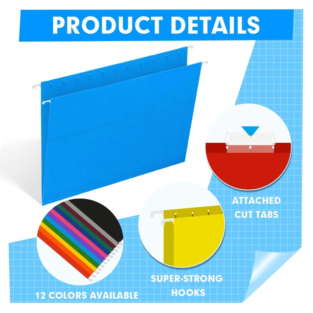 Alt view image 5 of 7 - Hanging File Folders, 60 Pack Reinforced Letter Size Hanging Folders with Heavy Duty 0 Inch Expansion, Designed for Bulky Files, Medical Charts, 1/5-Cut Adjustable Tabs, 12 Assorted Colors
