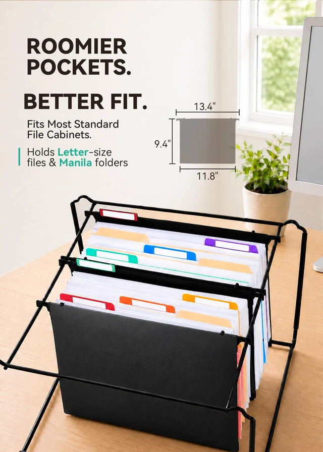 Alt view image 2 of 6 - Plastic Hanging File Folders, 4.8" Total Expansion, Letter, 6-Pack | 4 Accordion Pockets, Color-Coded Divider Tabs, Fits Most Letter-Size File Cabinets