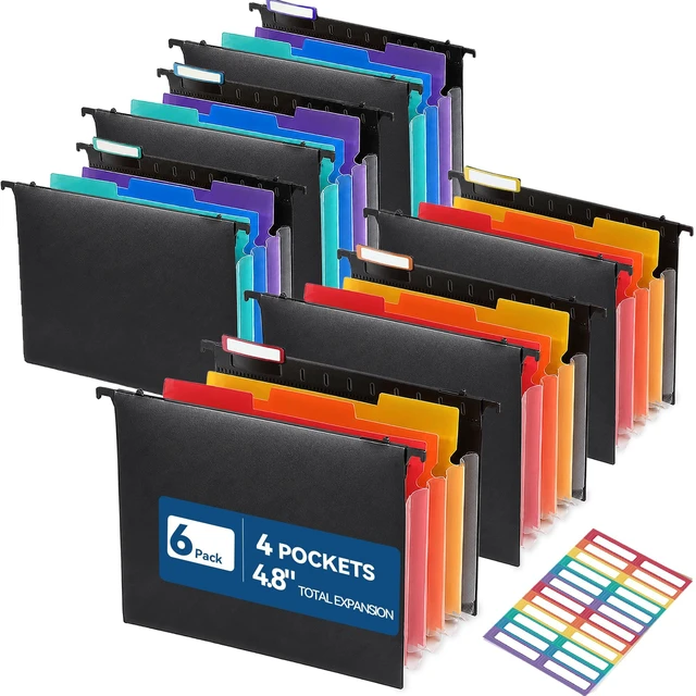Main image of Plastic Hanging File Folders, 4.8" Total Expansion, Letter, 6-Pack | 4 Accordion Pockets, Color-Coded Divider Tabs, Fits Most Letter-Size File Cabinets