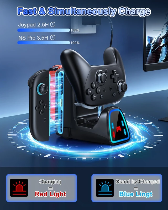 Alt view image 3 of 7 - 9 In 1 Controller Charging Dock for Nintendo Switch 2/Switch 1/OLED Controller, Fast Charger Station for Joy Con 2&1 and Pro Controller 2&1, Charger Accessories with RGB Light