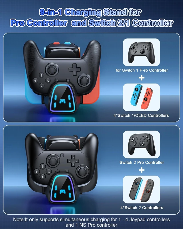 Alt view image 2 of 7 - 9 In 1 Controller Charging Dock for Nintendo Switch 2/Switch 1/OLED Controller, Fast Charger Station for Joy Con 2&1 and Pro Controller 2&1, Charger Accessories with RGB Light