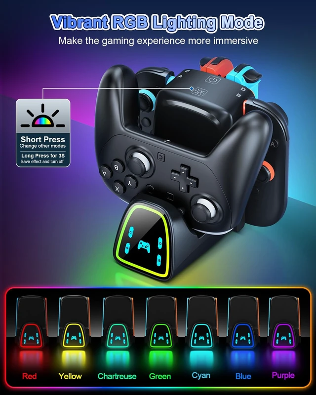Alt view image 4 of 7 - 9 In 1 Controller Charging Dock for Nintendo Switch 2/Switch 1/OLED Controller, Fast Charger Station for Joy Con 2&1 and Pro Controller 2&1, Charger Accessories with RGB Light