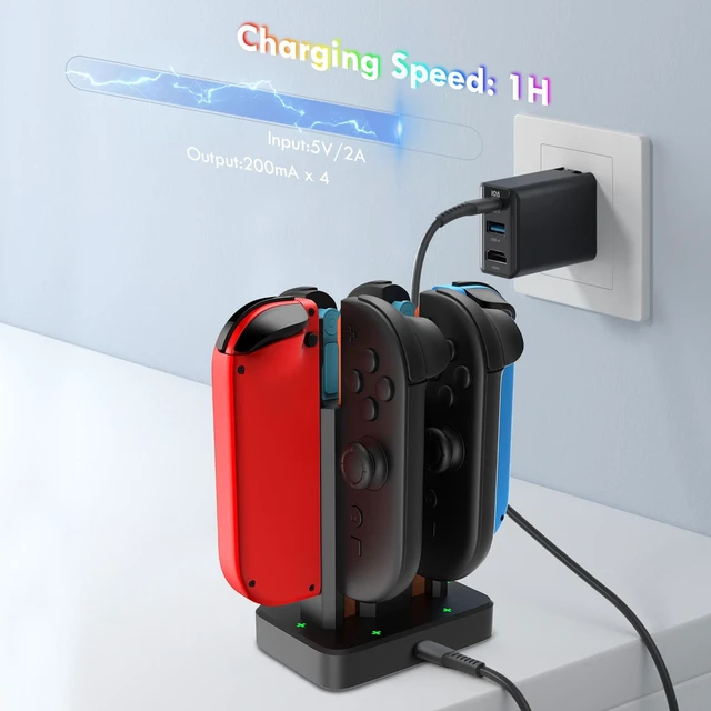 Alt view image 6 of 7 - 6 in 1 Charging Dock for Nintendo Switch 1/2 JoyCon with RGB Light,Ergonomics & Magnetic Fast Charge,Type-C Prot,Charger Stand Station Compatible with Switch 1/2 Joy Con