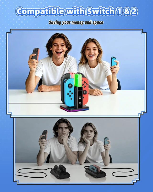 Alt view image 2 of 7 - Switch Controller Charger for Nintendo Switch 2/1/OLED for Joycon | 8 in 1 Fast Controller Charging Dock, Dual-Direction Magnetic Charger Station Stand, 9 RGB Light for Joycon 2/1 Accessories