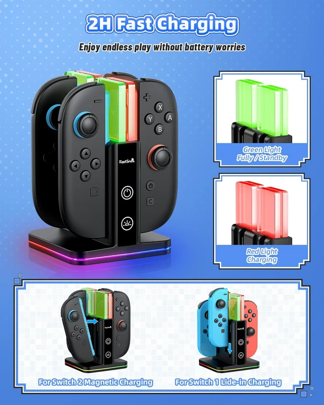 Alt view image 3 of 7 - Switch Controller Charger for Nintendo Switch 2/1/OLED for Joycon | 8 in 1 Fast Controller Charging Dock, Dual-Direction Magnetic Charger Station Stand, 9 RGB Light for Joycon 2/1 Accessories