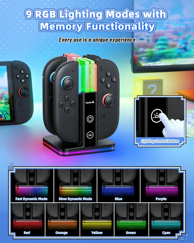 Alt view image 4 of 7 - Switch Controller Charger for Nintendo Switch 2/1/OLED for Joycon | 8 in 1 Fast Controller Charging Dock, Dual-Direction Magnetic Charger Station Stand, 9 RGB Light for Joycon 2/1 Accessories