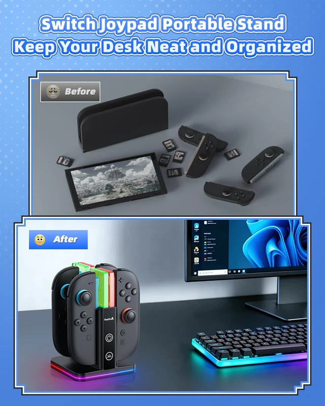Alt view image 5 of 7 - Switch Controller Charger for Nintendo Switch 2/1/OLED for Joycon | 8 in 1 Fast Controller Charging Dock, Dual-Direction Magnetic Charger Station Stand, 9 RGB Light for Joycon 2/1 Accessories