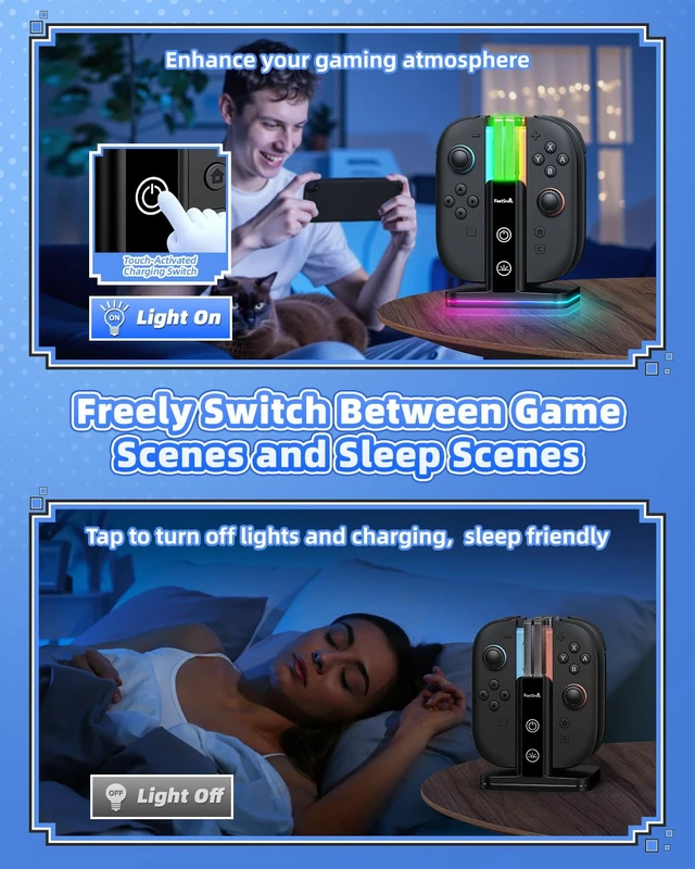 Alt view image 6 of 7 - Switch Controller Charger for Nintendo Switch 2/1/OLED for Joycon | 8 in 1 Fast Controller Charging Dock, Dual-Direction Magnetic Charger Station Stand, 9 RGB Light for Joycon 2/1 Accessories