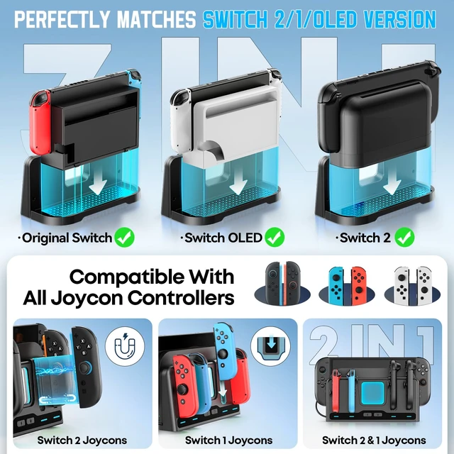 Alt view image 3 of 6 - Switch 2/1 Charging Dock Station Compatible with Joycon 1/2 Controller, Switch 2 Controller Charger, Joycon Charging Dock, Game Accessories with 9 RGB Light Modes, for Mac Game
