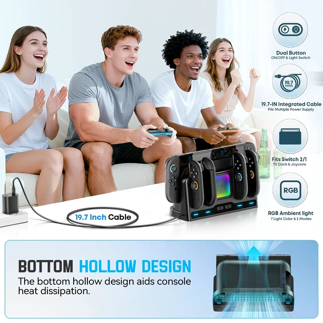 Alt view image 6 of 6 - Switch 2/1 Charging Dock Station Compatible with Joycon 1/2 Controller, Switch 2 Controller Charger, Joycon Charging Dock, Game Accessories with 9 RGB Light Modes, for Mac Game