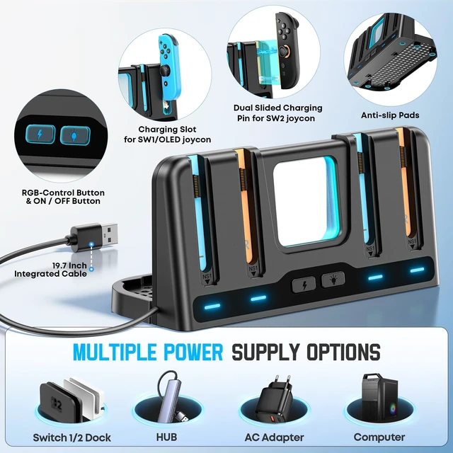 Alt view image 4 of 6 - Switch 2/1 Charging Dock Station Compatible with Joycon 1/2 Controller, Switch 2 Controller Charger, Joycon Charging Dock, Game Accessories with 9 RGB Light Modes, for Mac Game