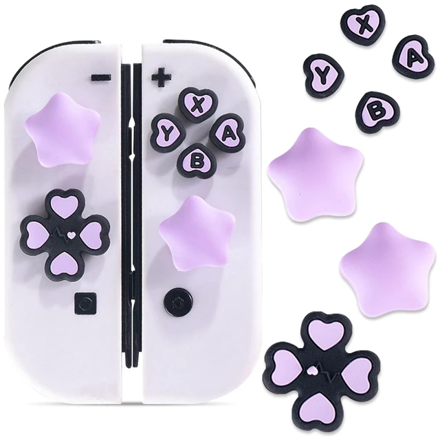 Main image of Cross D-Pad Button Caps Thumb Grips Set, Compatible with Nintendo Switch/OLED/Lite, Cute Star 3D Soft Silicone ABXY Buttons Sticker Joystick Cover Caps, Black/Purple