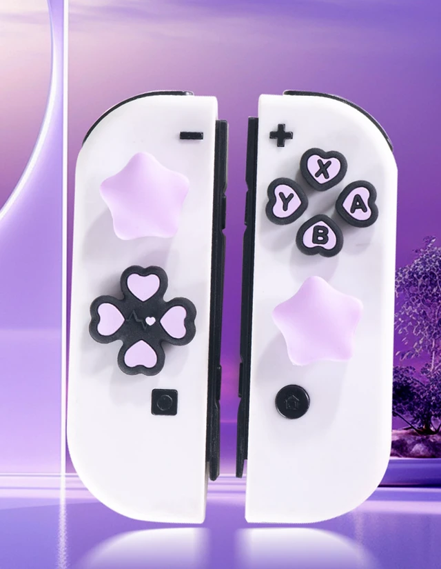Alt view image 7 of 7 - Cross D-Pad Button Caps Thumb Grips Set, Compatible with Nintendo Switch/OLED/Lite, Cute Star 3D Soft Silicone ABXY Buttons Sticker Joystick Cover Caps, Black/Purple