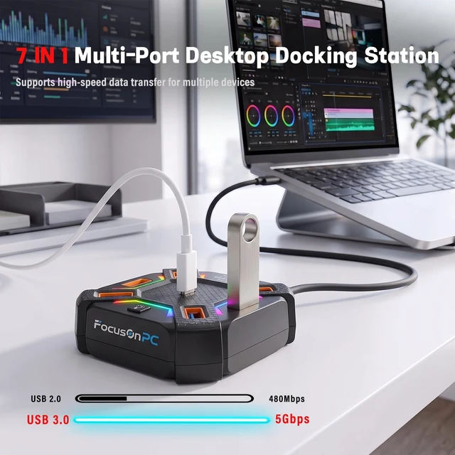 Alt view image 2 of 7 - USB 3.0 Hub 7-Port Multi-Port USB Adapter for PC/Laptop with Long Cable | 6 USB A & 1 USB C Hub Splitter w/3.9ft Long Detachable Cable & RGB Lights for Desktop Mac Xbox PS5 Flash Drive HDD (Black)