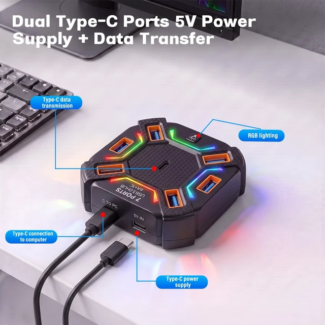 Alt view image 4 of 7 - USB 3.0 Hub 7-Port Multi-Port USB Adapter for PC/Laptop with Long Cable | 6 USB A & 1 USB C Hub Splitter w/3.9ft Long Detachable Cable & RGB Lights for Desktop Mac Xbox PS5 Flash Drive HDD (Black)
