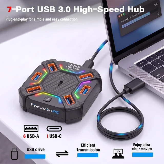 Alt view image 5 of 7 - USB 3.0 Hub 7-Port Multi-Port USB Adapter for PC/Laptop with Long Cable | 6 USB A & 1 USB C Hub Splitter w/3.9ft Long Detachable Cable & RGB Lights for Desktop Mac Xbox PS5 Flash Drive HDD (Black)