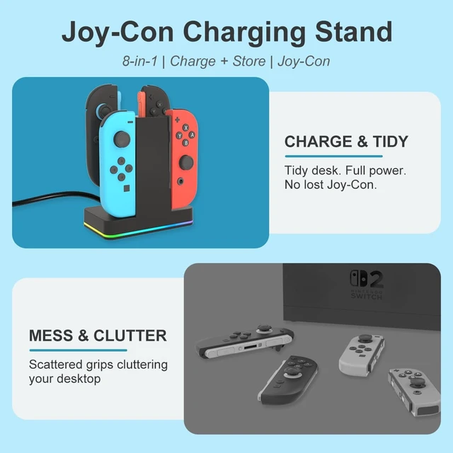 Alt view image 3 of 7 - Switch 2 JoyCon Charging Dock for Nintendo Switch 1/2 Controller | JoyCon Charger for Nintendo Charging Station with RGB Light - 4 in 1 Charge Switch 1/2 with Power Cord Nintendo Accessories