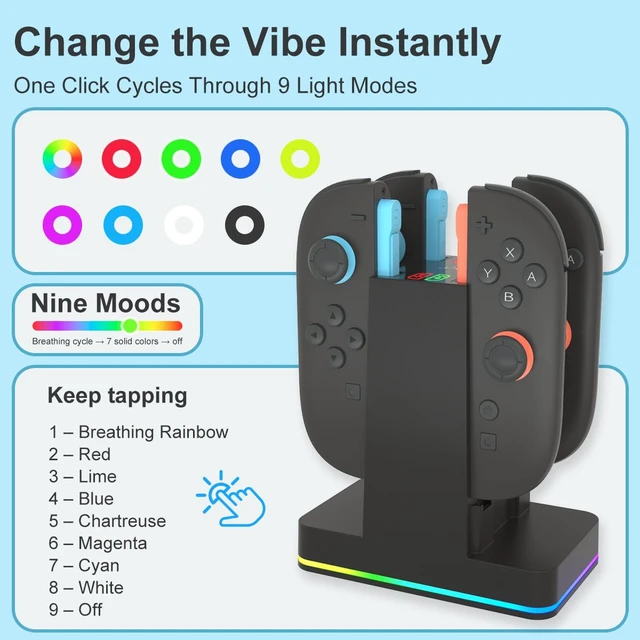 Alt view image 6 of 7 - Switch 2 JoyCon Charging Dock for Nintendo Switch 1/2 Controller | JoyCon Charger for Nintendo Charging Station with RGB Light - 4 in 1 Charge Switch 1/2 with Power Cord Nintendo Accessories