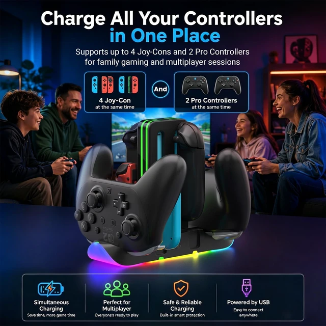 Alt view image 2 of 7 - Switch 2 Controller Charging Dock, 6-in-1 Charger for 4 Joy-Cons & 2 Pro Controllers, RGB Charging Station for Nintendo Switch 2, OLED & Switch