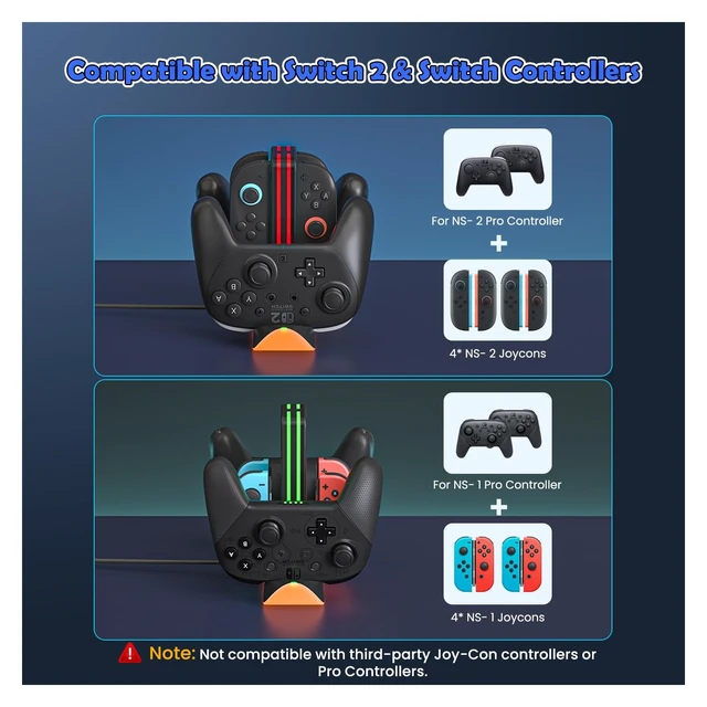 Alt view image 3 of 7 - Switch 2 Controller Charging Dock, 6-in-1 Charger for 4 Joy-Cons & 2 Pro Controllers, RGB Charging Station for Nintendo Switch 2, OLED & Switch