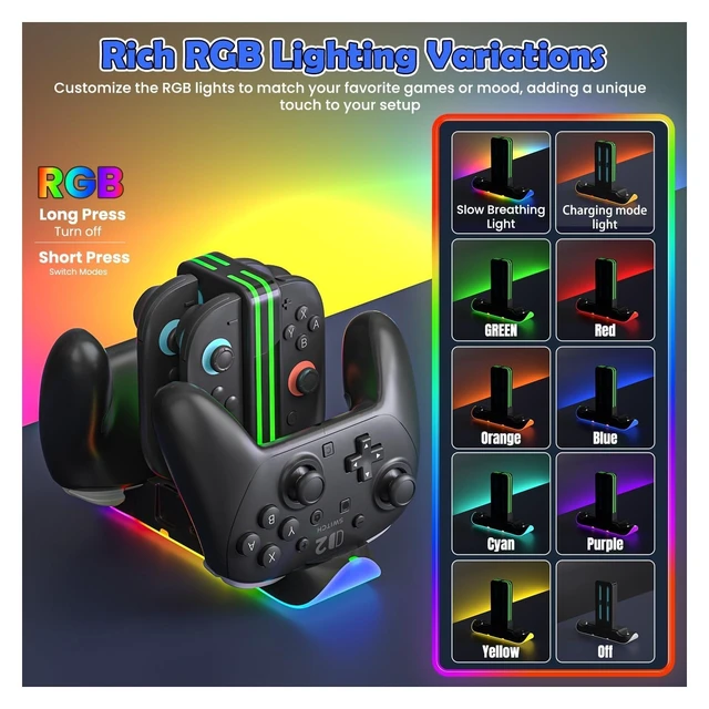 Alt view image 5 of 7 - Switch 2 Controller Charging Dock, 6-in-1 Charger for 4 Joy-Cons & 2 Pro Controllers, RGB Charging Station for Nintendo Switch 2, OLED & Switch