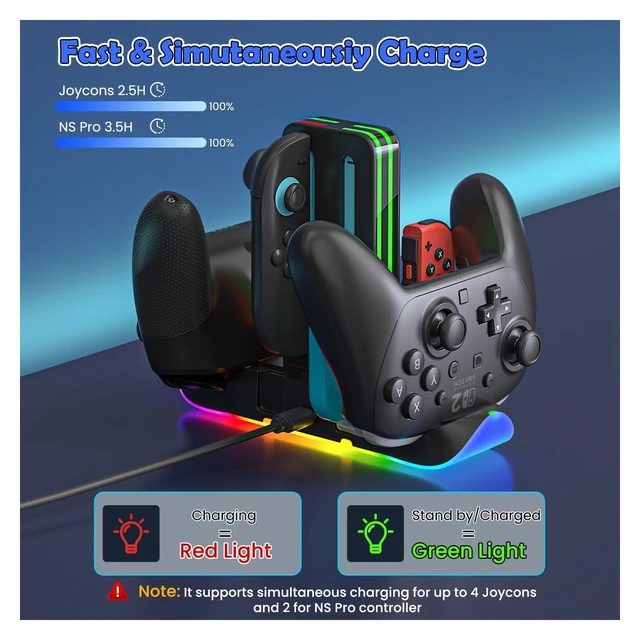 Alt view image 4 of 7 - Switch 2 Controller Charging Dock, 6-in-1 Charger for 4 Joy-Cons & 2 Pro Controllers, RGB Charging Station for Nintendo Switch 2, OLED & Switch
