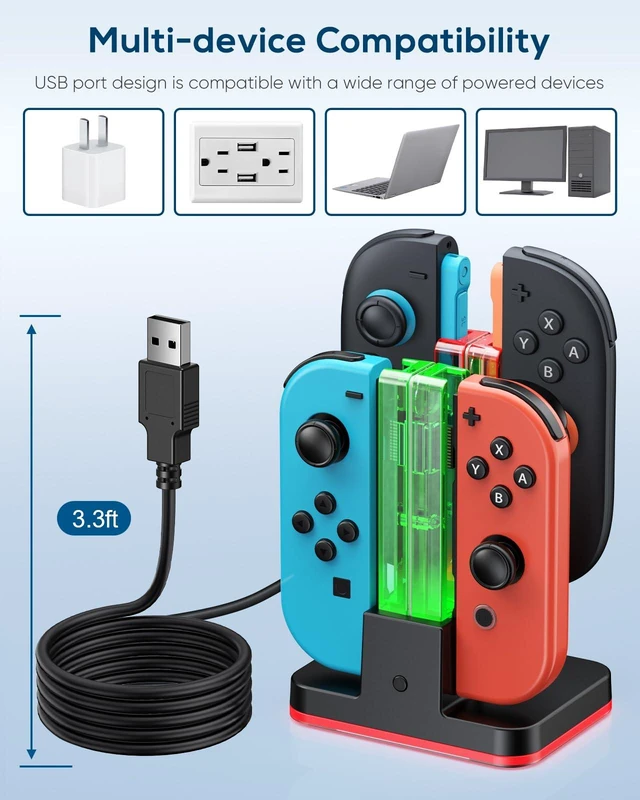 Alt view image 5 of 7 - Switch 2/1 Controller Charger | 8 in 1 Charger Dock Station for Joy Cons Accessories Kits with a USB Type-C Charging Cord for Nintendo Switch (Black)