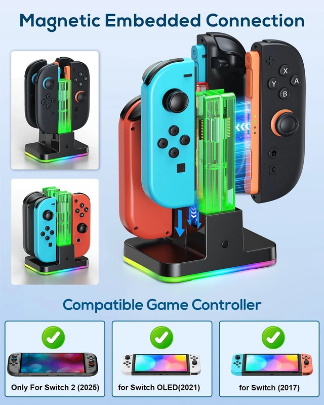 Alt view image 4 of 7 - Switch 2/1 Controller Charger | 8 in 1 Charger Dock Station for Joy Cons Accessories Kits with a USB Type-C Charging Cord for Nintendo Switch (Black)
