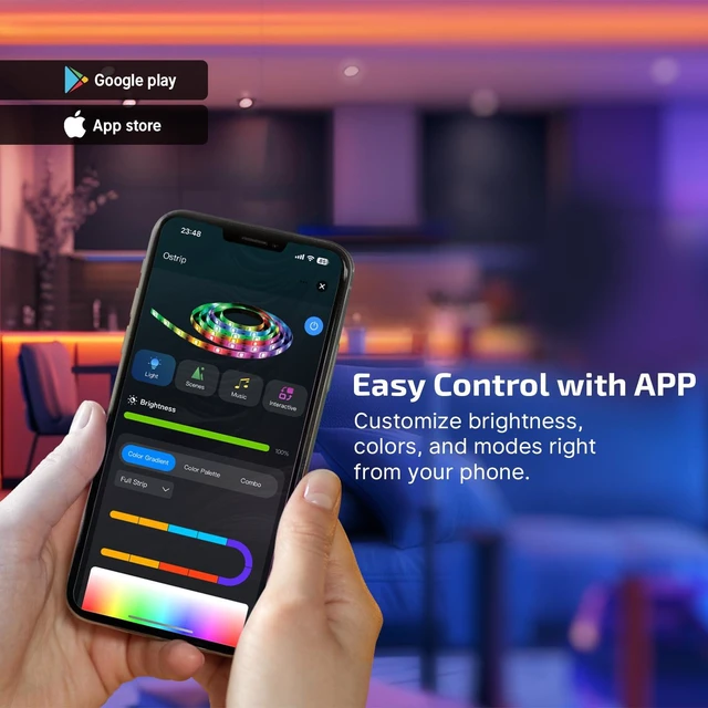 Alt view image 2 of 7 - Ostrip 16.4ft RGB LED Strip Light, Smart App Control, Music Sync, DIY Color Modes, for Bedroom, Gaming, TV, Home Decor