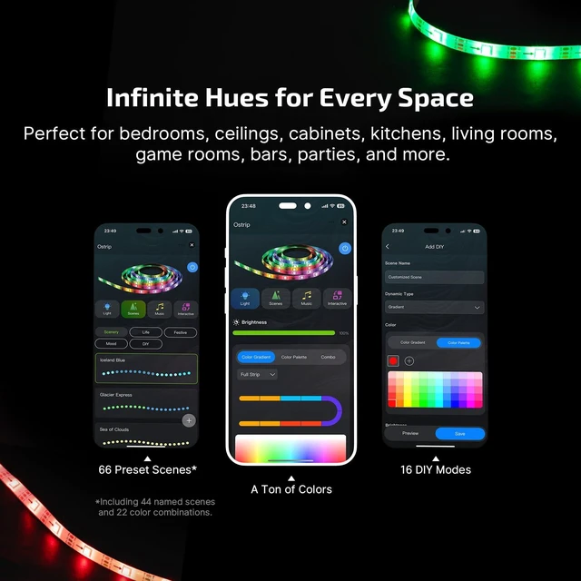 Alt view image 3 of 7 - Ostrip 16.4ft RGB LED Strip Light, Smart App Control, Music Sync, DIY Color Modes, for Bedroom, Gaming, TV, Home Decor