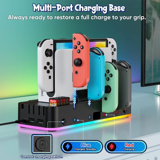 Alt view image 5 of 7 - Switch/OLED Wall Mount RGB Charging Dock for Nintendo Switch for Joycon | 4 Controllers Charger Stand, Accessories Organizer with Holder & 15 Light Mode,2 USB Ports,,10 Card Slots