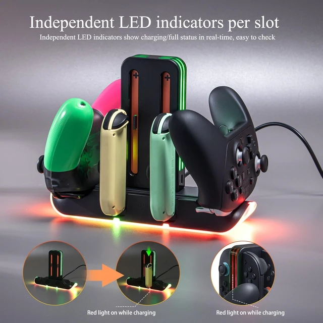 Alt view image 5 of 7 - Switch 2 Controller Charger, Dock for Joy-Con 2 & Pro Controllers | 6-in-1 charging dock with RGB LED indicators, compatible with Switch 2 Joy-Con 2, Switch Joy-Con and Pro Controllers