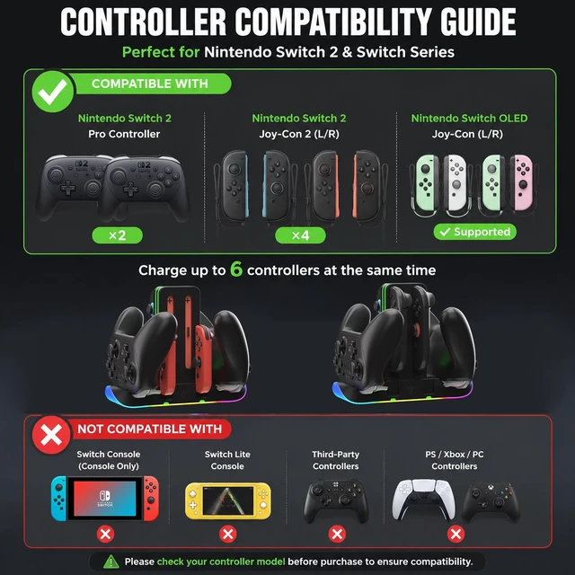 Alt view image 2 of 7 - Switch 2 Controller Charger, Dock for Joy-Con 2 & Pro Controllers | 6-in-1 charging dock with RGB LED indicators, compatible with Switch 2 Joy-Con 2, Switch Joy-Con and Pro Controllers