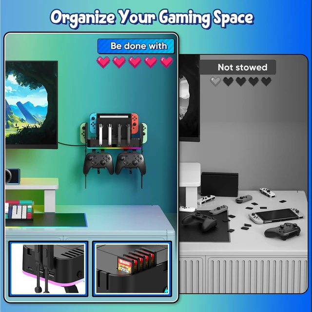 Alt view image 6 of 7 - Switch/OLED Wall Mount RGB Charging Dock for Nintendo Switch for Joycon | 4 Controllers Charger Stand, Accessories Organizer with Holder & 15 Light Mode,2 USB Ports,,10 Card Slots