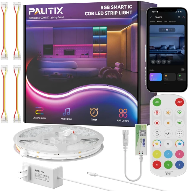 Main image of COB LED Strip Lights Pro, UL-Listed RGB Smart IC Chasing Color Addressable COB LED Tape Light, Music Sync Flexible RGB LED Lights, Smart Strip Light, for Party, Bedroom, Color Changing, 20ft