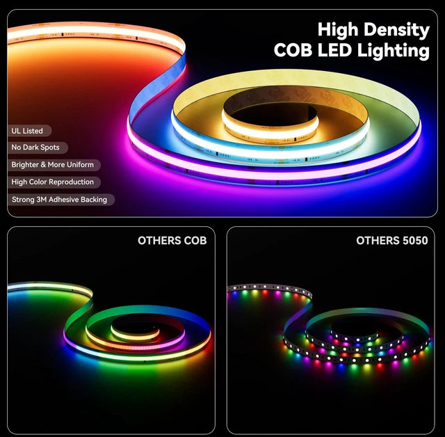 Alt view image 6 of 7 - COB LED Strip Lights Pro, UL-Listed RGB Smart IC Chasing Color Addressable COB LED Tape Light, Music Sync Flexible RGB LED Lights, Smart Strip Light, for Party, Bedroom, Color Changing, 20ft