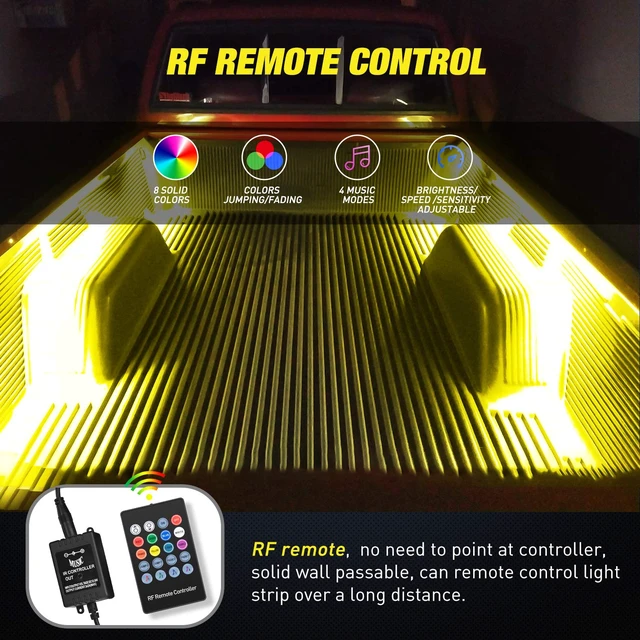 Alt view image 5 of 7 - TL-31 2PCS 60Inch RGB Truck Bed Light Strip Kit 180 LED RF Remote Control with On Off Switch Blade Fuse 2Way Splitter Extension Cable for Cargo Pickup Truck SUV RV Boat, 2 Years Warranty