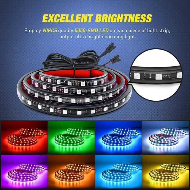 Alt view image 2 of 7 - TL-31 2PCS 60Inch RGB Truck Bed Light Strip Kit 180 LED RF Remote Control with On Off Switch Blade Fuse 2Way Splitter Extension Cable for Cargo Pickup Truck SUV RV Boat, 2 Years Warranty