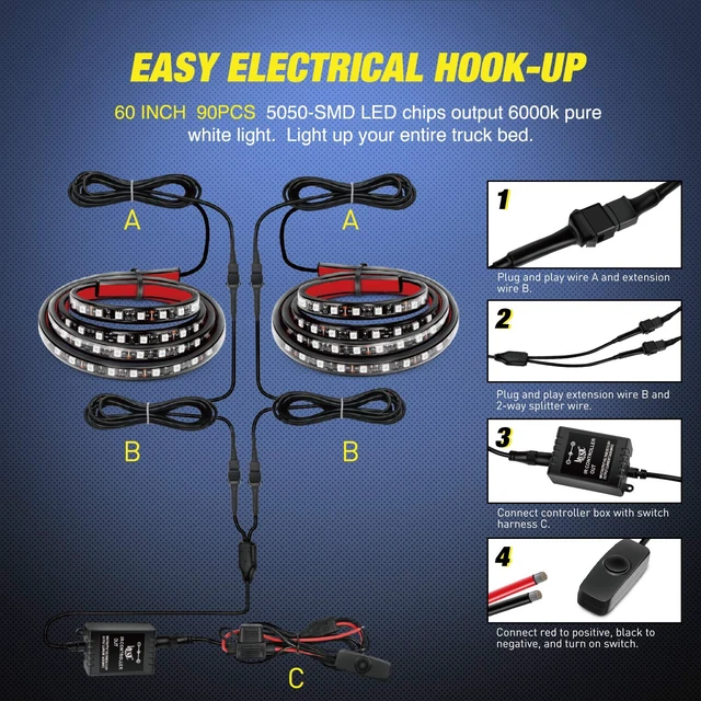 Alt view image 6 of 7 - TL-31 2PCS 60Inch RGB Truck Bed Light Strip Kit 180 LED RF Remote Control with On Off Switch Blade Fuse 2Way Splitter Extension Cable for Cargo Pickup Truck SUV RV Boat, 2 Years Warranty