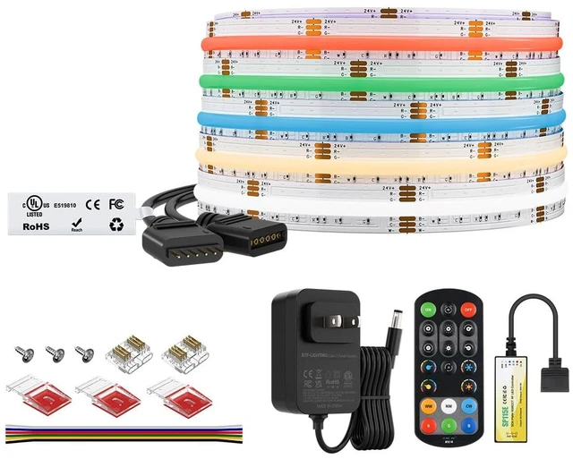 Main image of 16.4FT RGBCCT COB LED Strip Light Kit, DC24V Color Changing | RGB+Tunable White Light, UL Listed 12mm Width LED Strip with ETL Remote Control and Power Supply for Home Party DIY Lighting