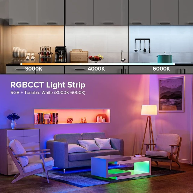 Alt view image 7 of 7 - 16.4FT RGBCCT COB LED Strip Light Kit, DC24V Color Changing | RGB+Tunable White Light, UL Listed 12mm Width LED Strip with ETL Remote Control and Power Supply for Home Party DIY Lighting