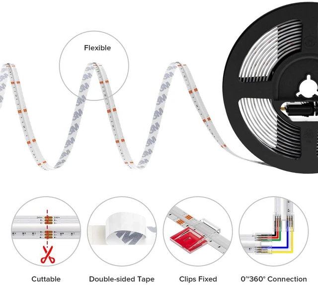 Alt view image 6 of 7 - 16.4FT RGBCCT COB LED Strip Light Kit, DC24V Color Changing | RGB+Tunable White Light, UL Listed 12mm Width LED Strip with ETL Remote Control and Power Supply for Home Party DIY Lighting
