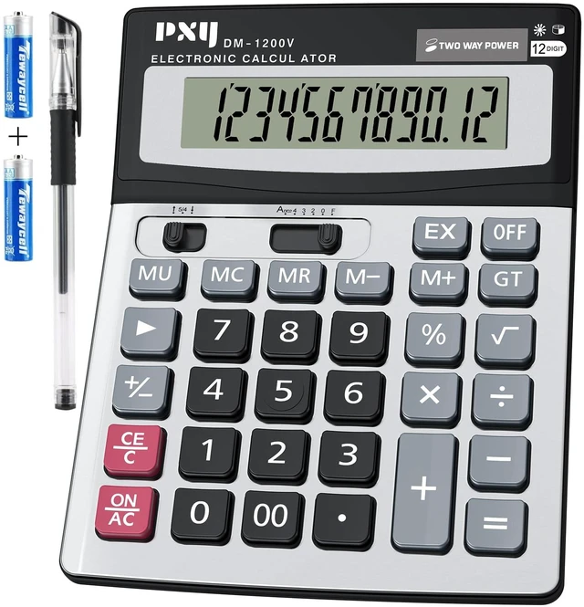 Main image of Desk Calculator 12 Digit Extra Large LCD Display, Touch Comfortable with Big Buttons, Two Way Power Battery and Solar Standard Function Office Calculators